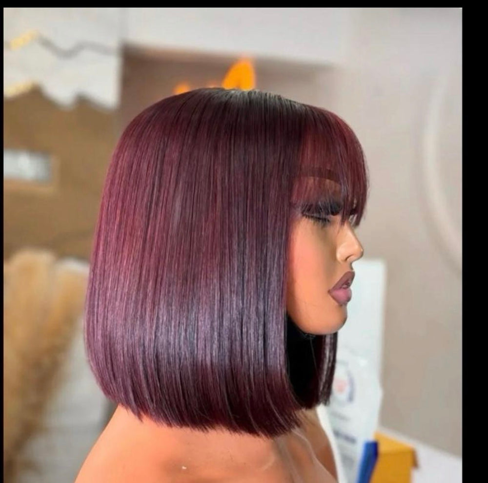 Dark burgundy SDD Bob Fringe Bone Straight Wig - Sleek and Stylish Hairpiece for a Modern Look