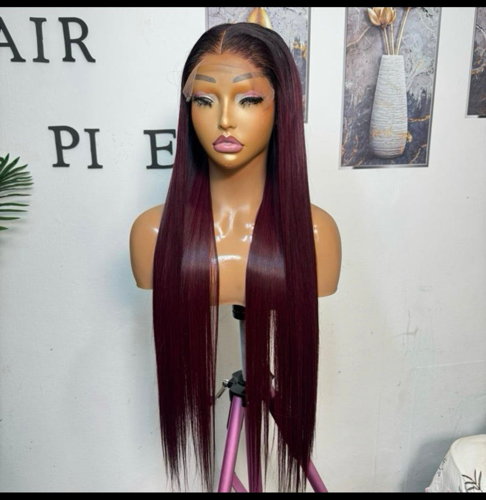 26 SDD luxury  dark  root burgundy Vietnamese  bone straight wig with 5 by 5 glue less closure.dark burgundy