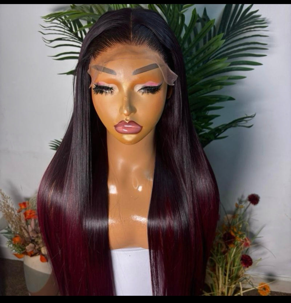 Luxury ombre burgundy  26 SD Vietnamese bone straigh paired with 5 by5 glueles closure. 300g densed unit
