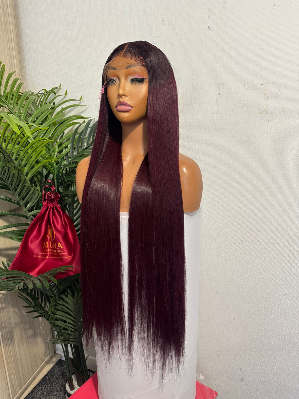 30 SDD luxury vietnamese bone straight wig with 2 by 6 closure made with 3 bundles and half 350g in Burgundy dark root