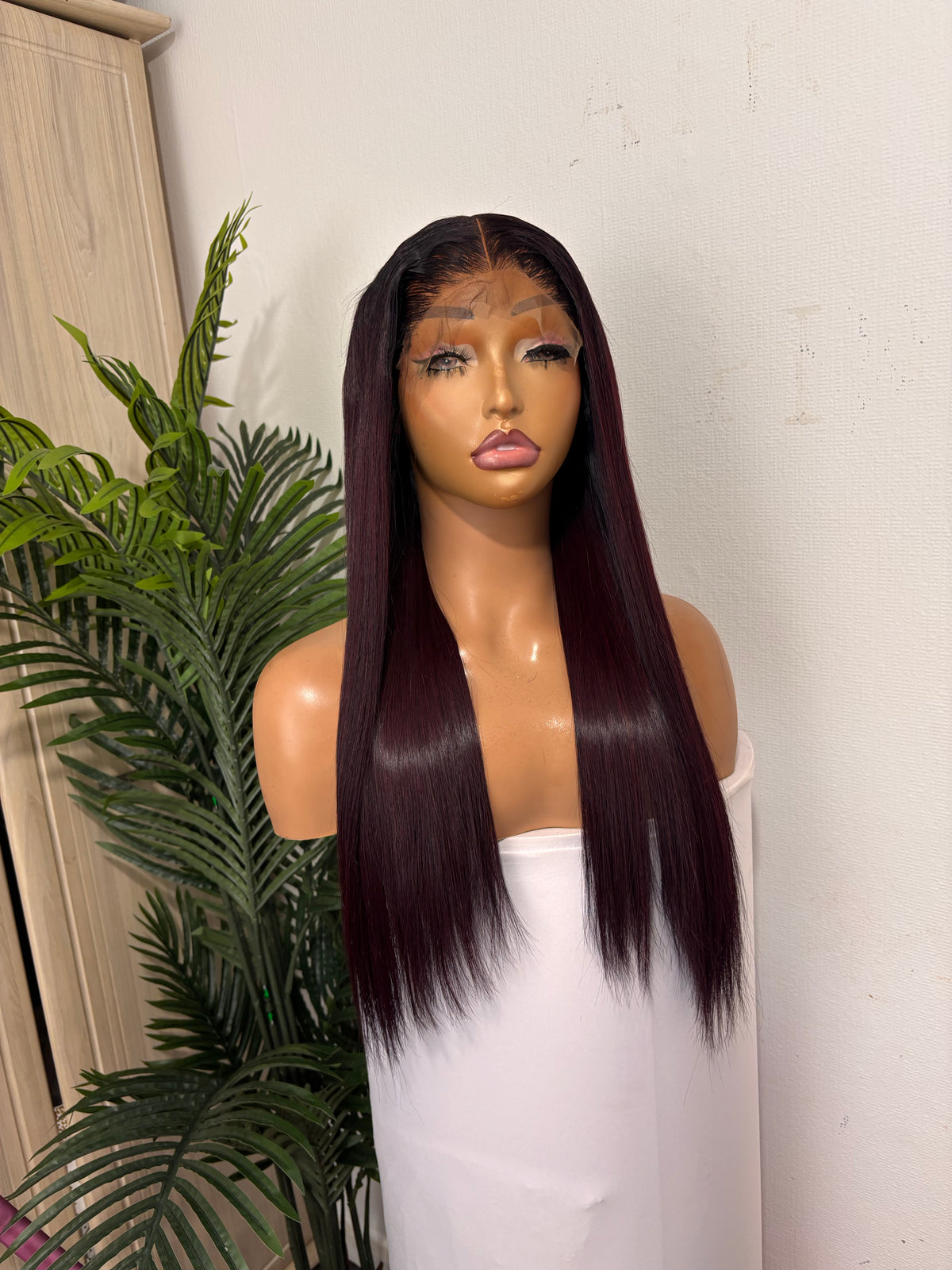 20 dark burgundy Vietnamese bone straight with 5 by 5 closure 300g