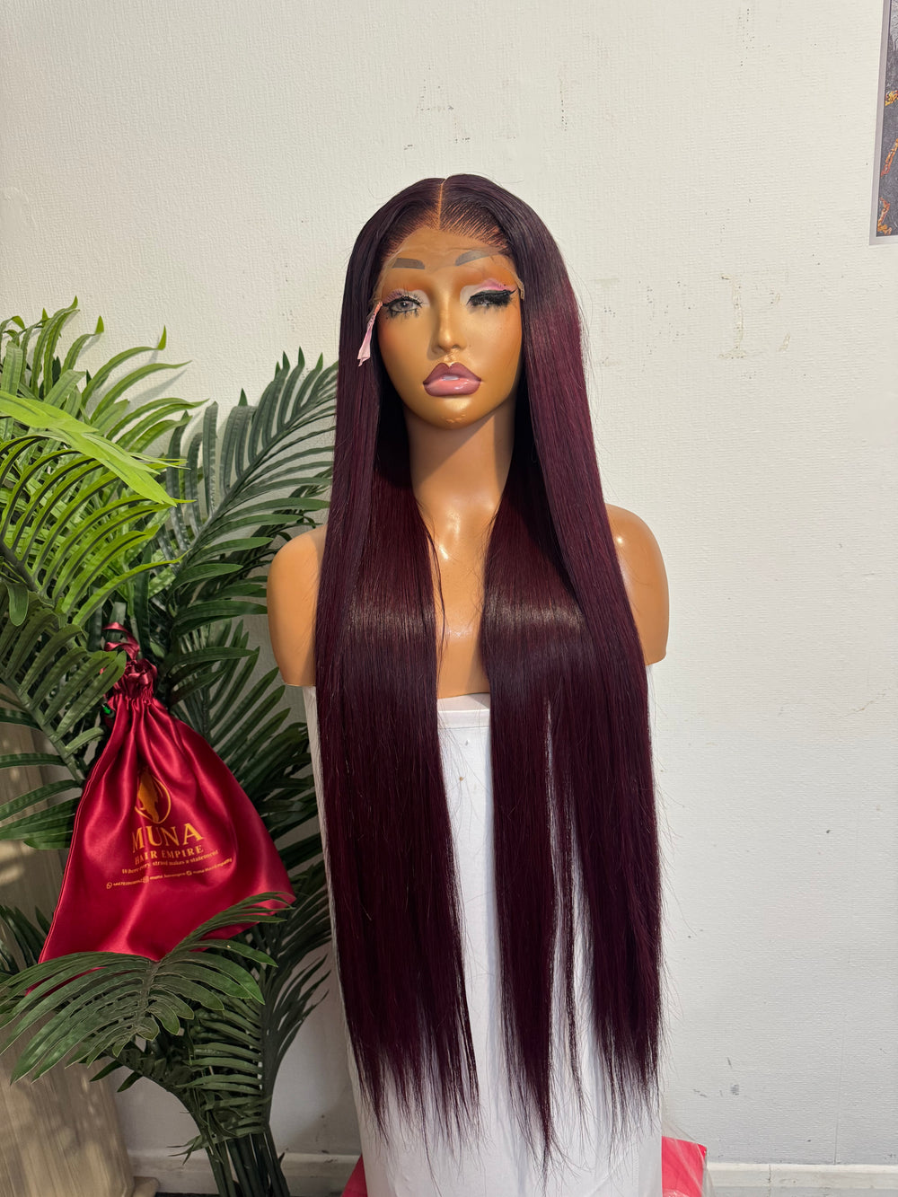 30 SDD luxury vietnamese bone straight wig with 2 by 6 closure made with 3 bundles and half 350g in Burgundy dark root