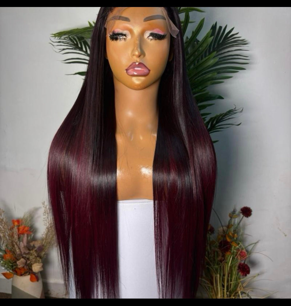 Luxury ombre burgundy  26 SD Vietnamese bone straigh paired with 5 by5 glueles closure. 300g densed unit