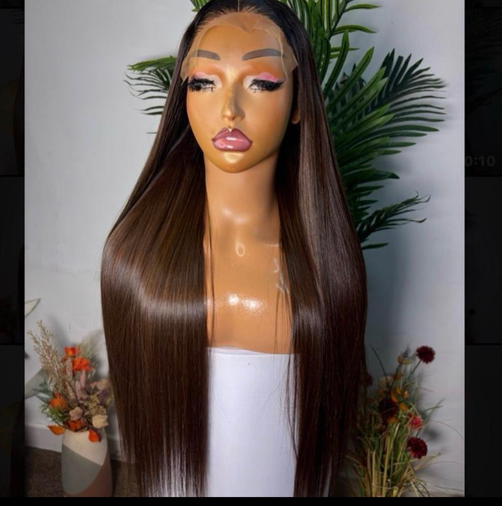 26 Brown dark root  SDD Vietnamese bone straight paired with 5 by5 clueless closure. Brown