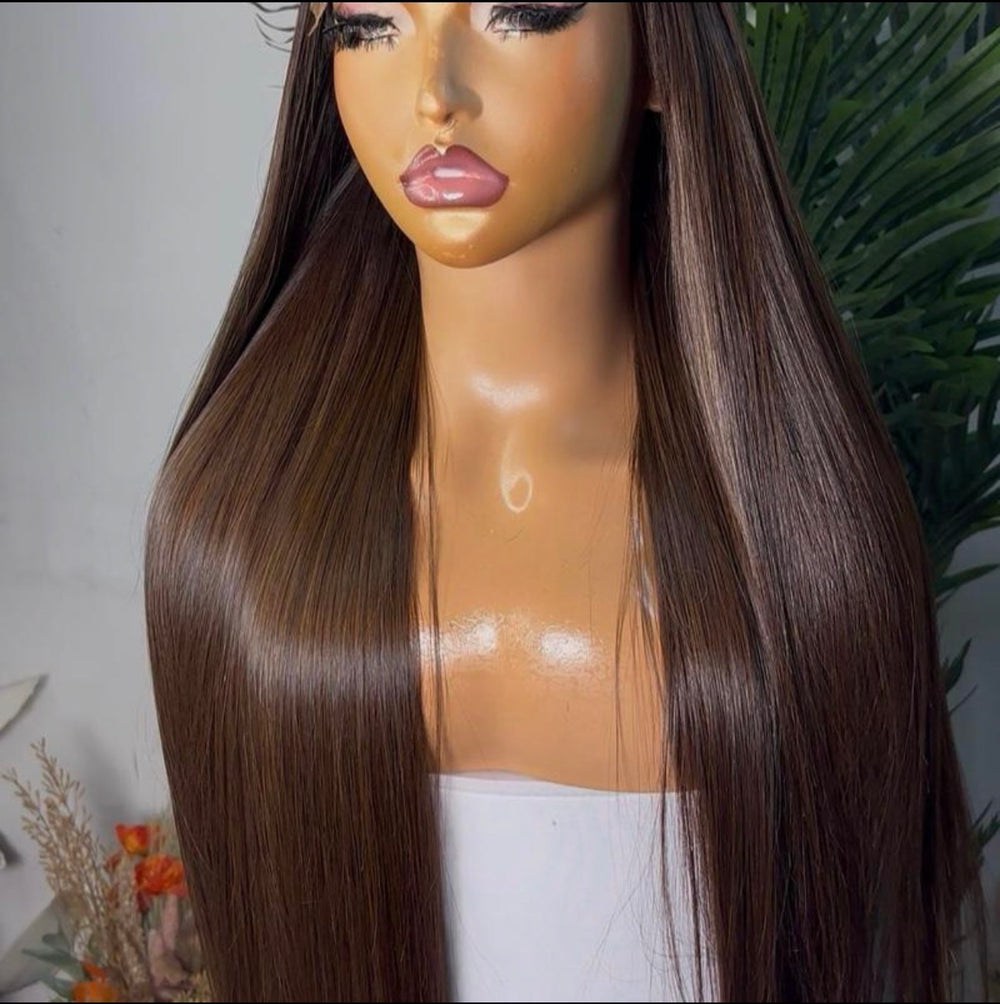 26 Brown dark root  SDD Vietnamese bone straight paired with 5 by5 clueless closure. Brown