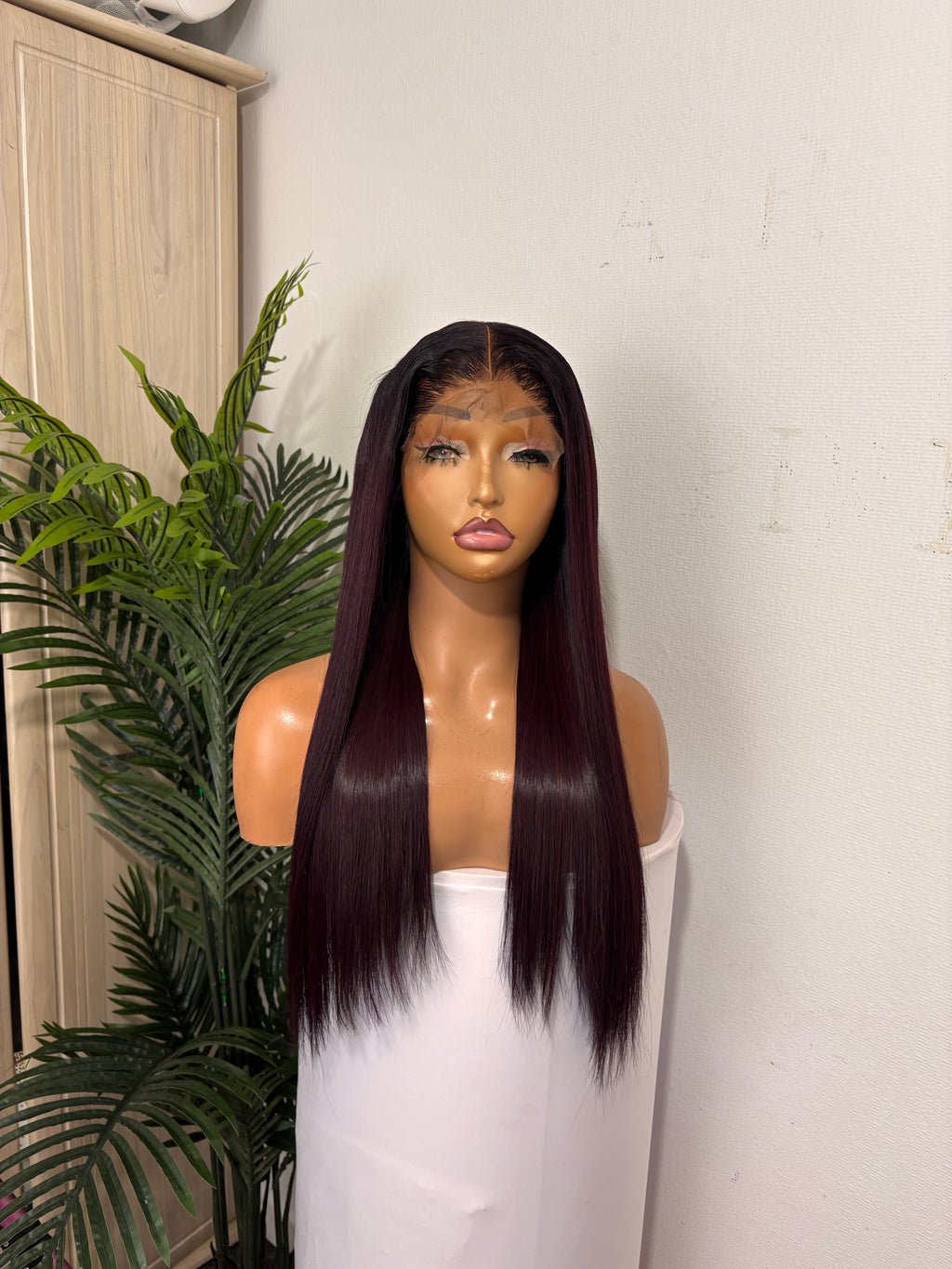 20 dark burgundy Vietnamese bone straight with 5 by 5 closure 300g