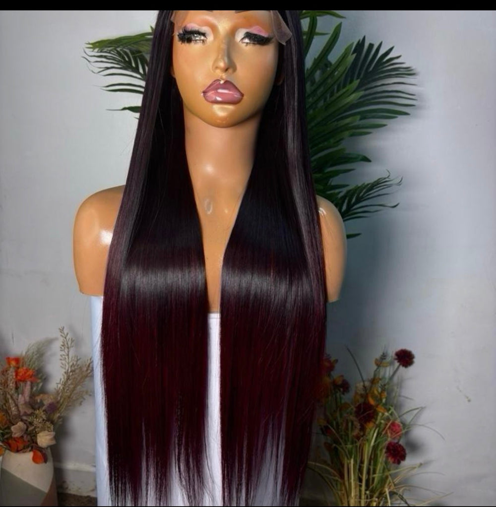 Luxury ombre burgundy  26 SD Vietnamese bone straigh paired with 5 by5 glueles closure. 300g densed unit