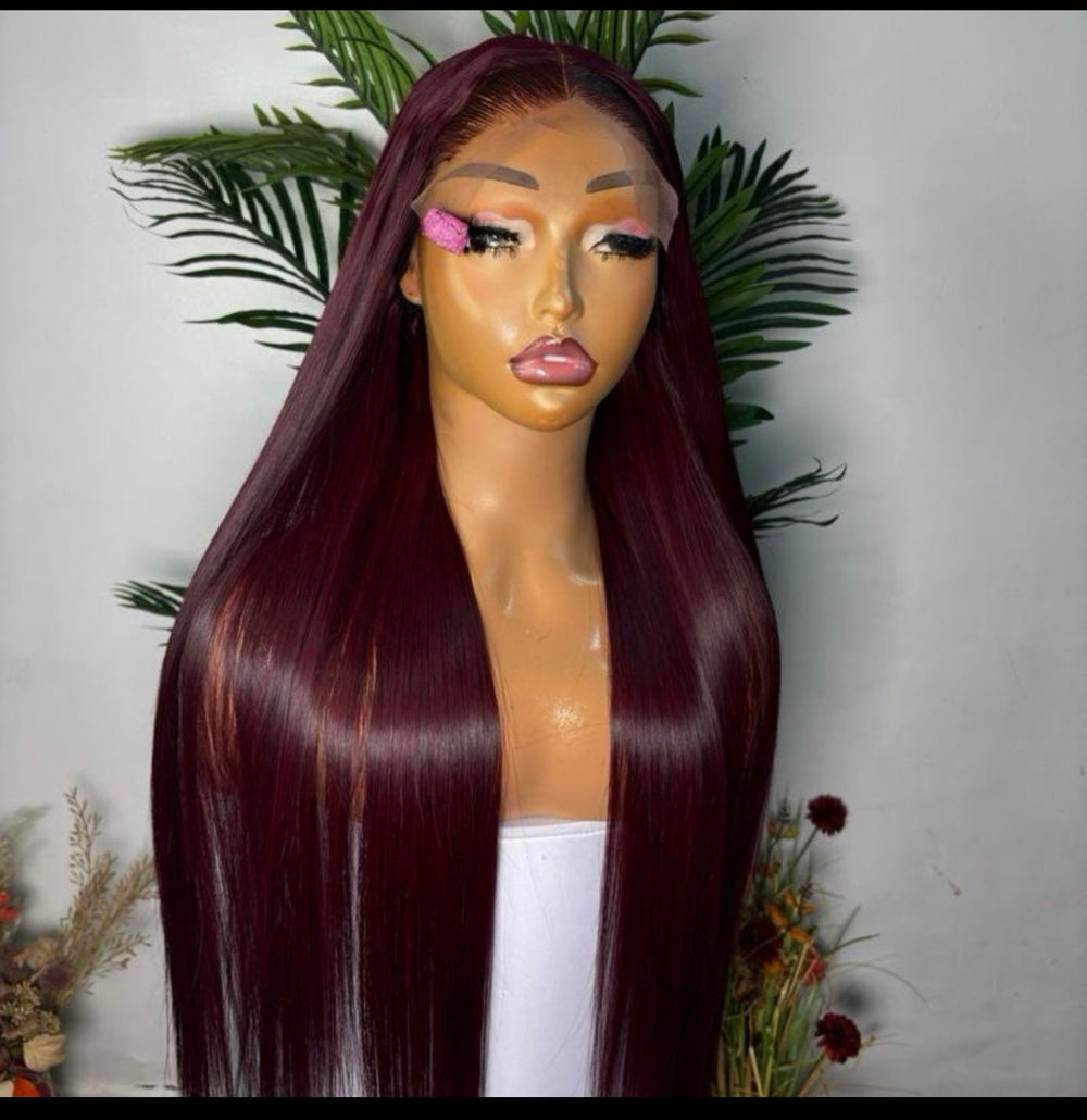 20 SDD luxury  Vietnamese  bone straight wig with 5 by 5 glueless closure.in burgundy