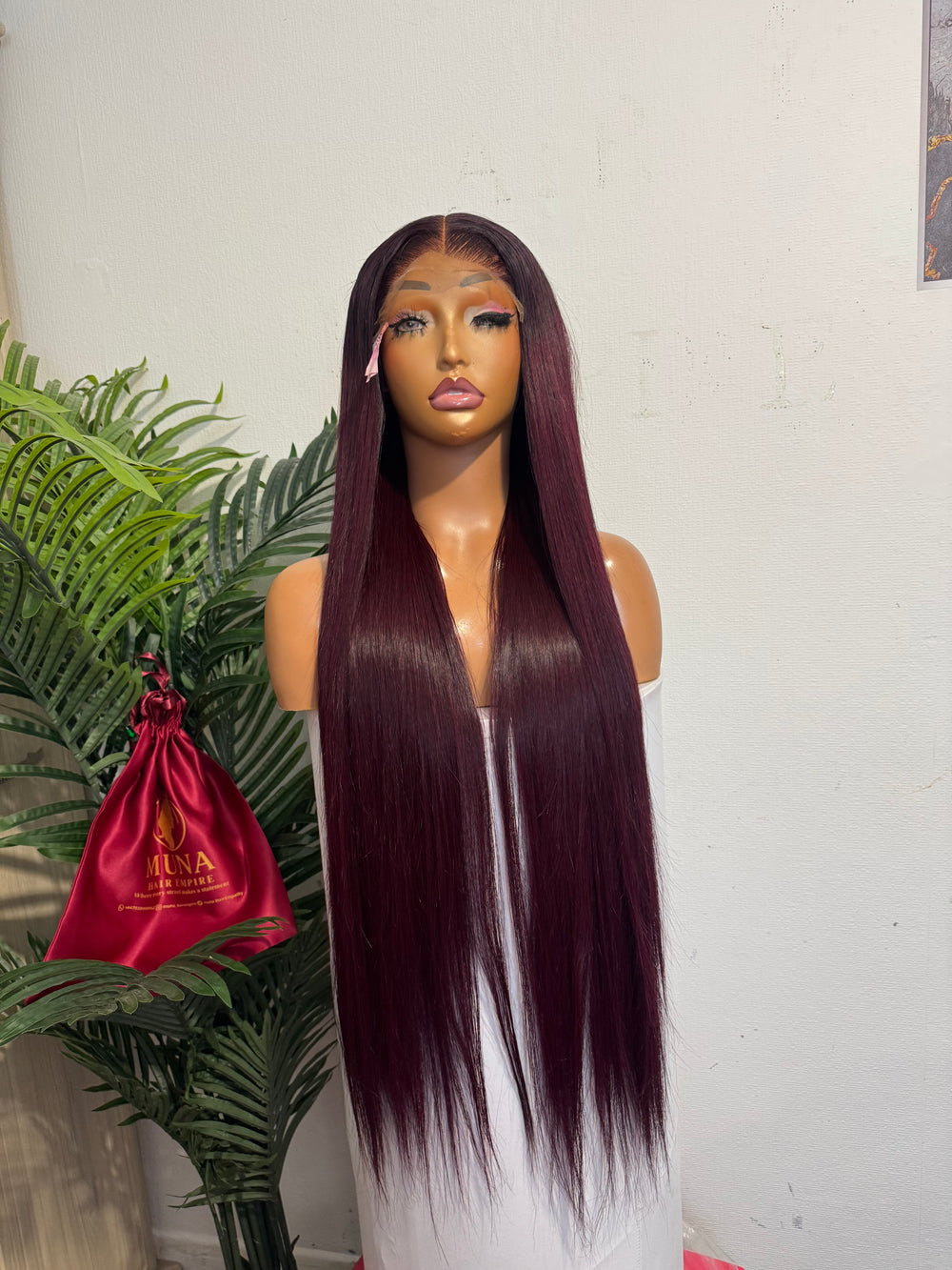 30 SDD luxury vietnamese bone straight wig with 2 by 6 closure made with 3 bundles and half 350g in Burgundy dark root