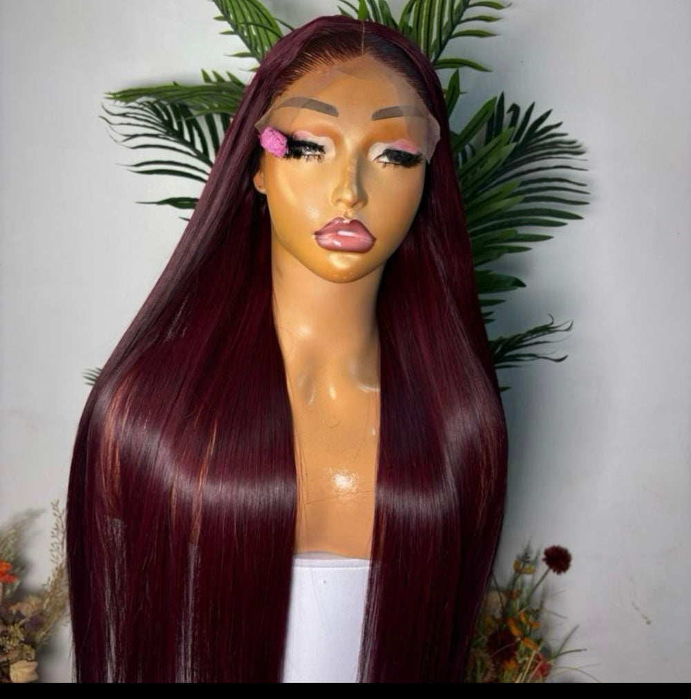 26 SDD luxury  dark  root burgundy Vietnamese  bone straight wig with 5 by 5 glue less closure.dark burgundy
