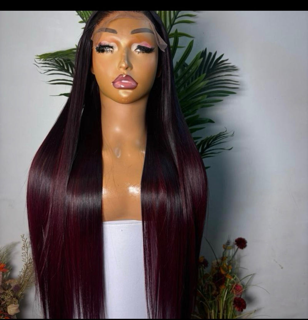 Luxury ombre burgundy  26 SD Vietnamese bone straigh paired with 5 by5 glueles closure. 300g densed unit