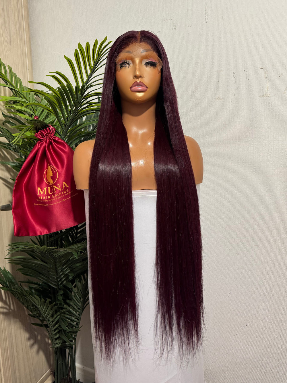 30 SDD luxury vietnamese bone straight wig with 5 by 5 closure made with 3 bundles and half 350g in dark burgundy