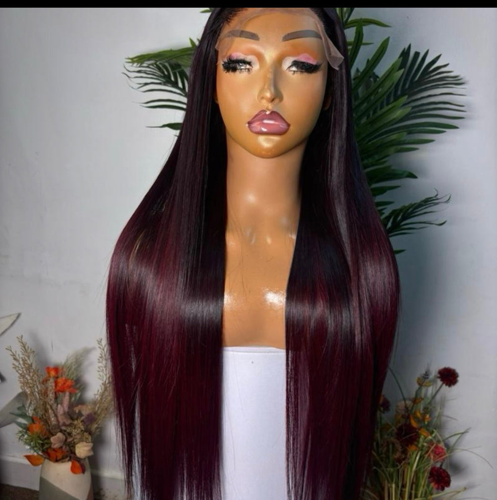 Luxury ombre burgundy  26 SD Vietnamese bone straigh paired with 5 by5 glueles closure. 300g densed unit